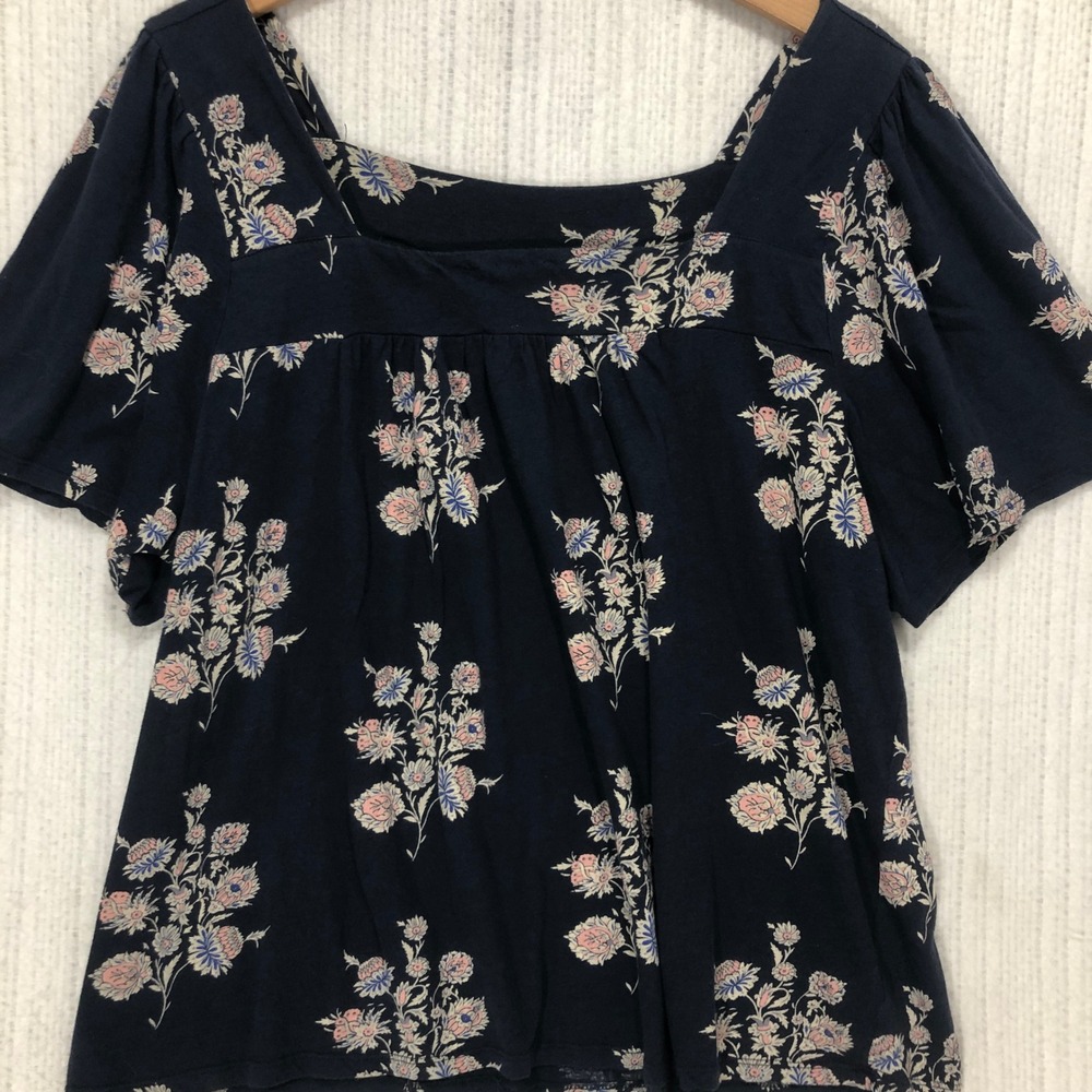 Lucky Brand Navy Blue Floral Square Neck Short Sleeve Boho Top RN 80318